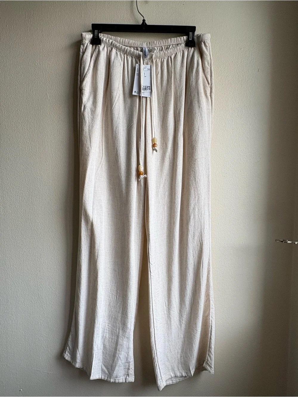 H&M Ivory Drawstring Linen Pants